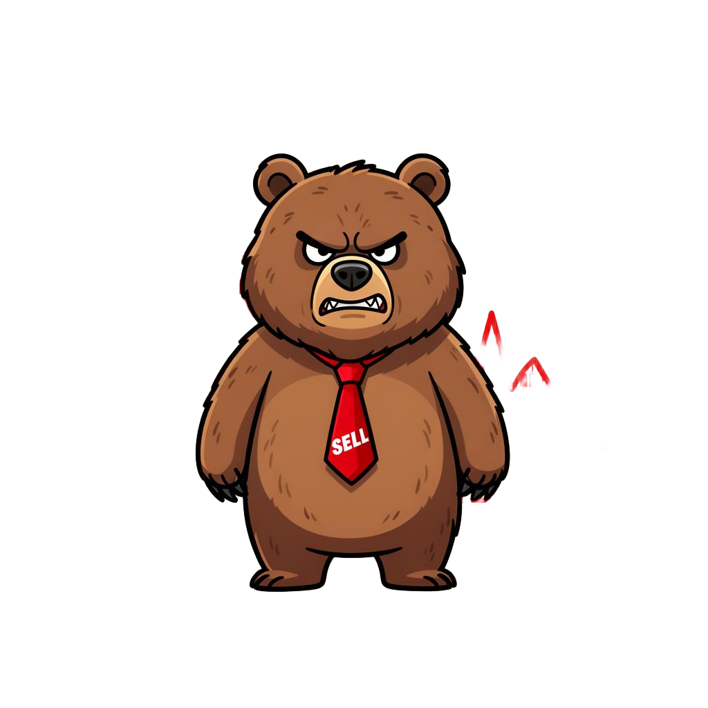 $YELLOWBEAR mascot — grumpy grizzly with SELL tie